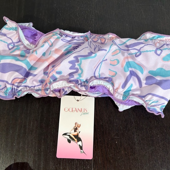 Oceanus Teresa Ruffled Frilly Swirl Abstract Print Bandeau Bikini Set Size M - Picture 6 of 12